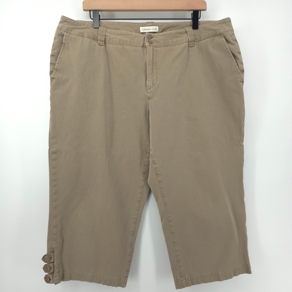 Coldwater Creek Womens Pants Capri W18 Brown Khaki Stretch Button Hem Casual